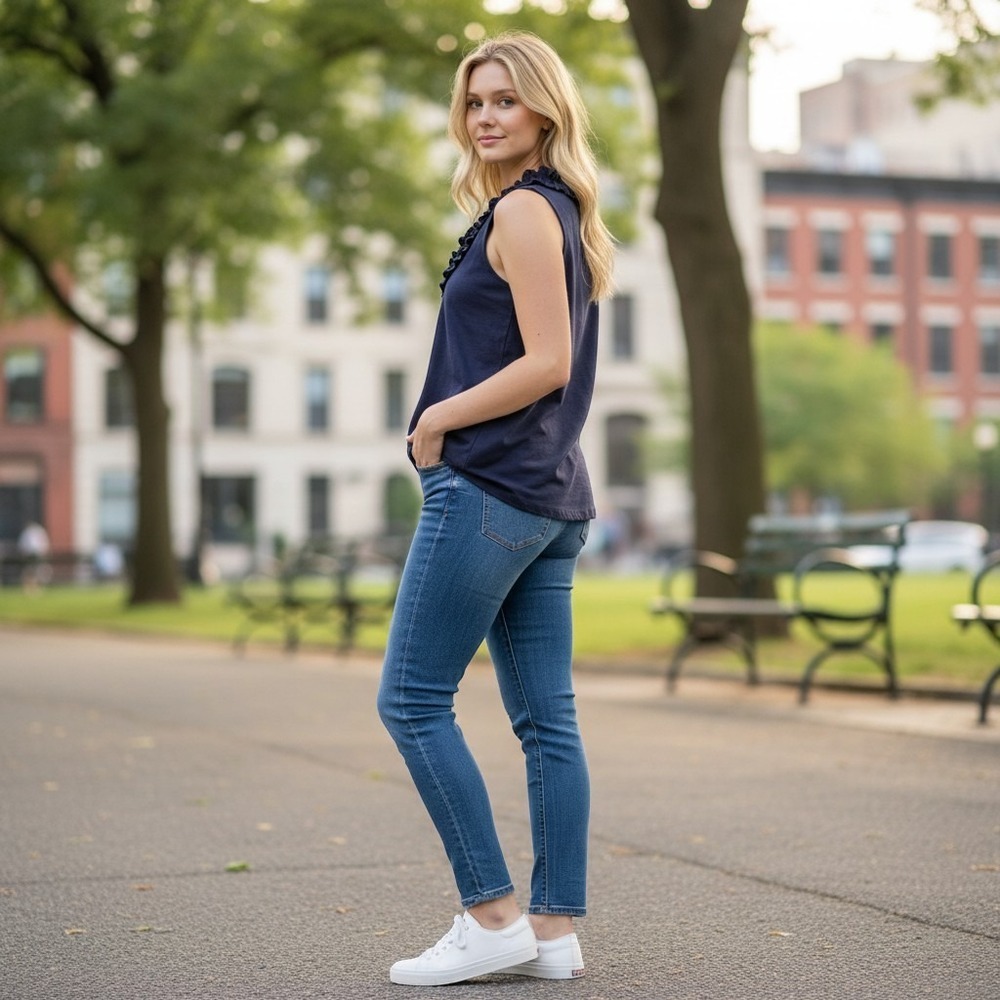 Talbots Woman Navy Blue Ruffle V-Neck Sleeveless Slub Knit Top 2X